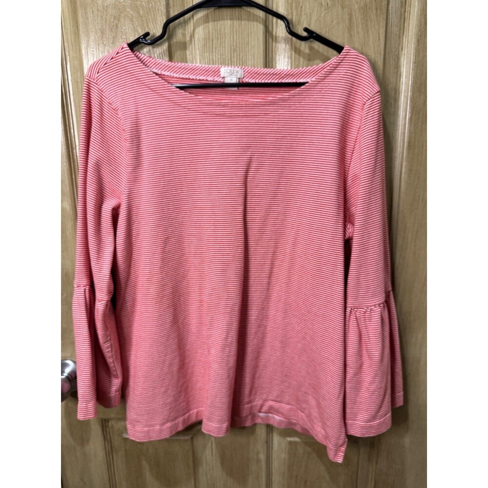 J.Crew Women XL Red White Stripe Bell Sleeve Top 100% Cotton Flare Sleeve
